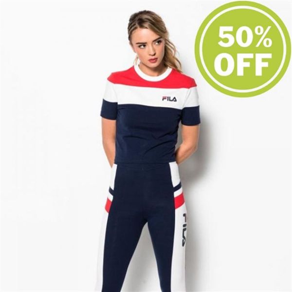 Tops Fila Mujer Azul Marino Azules / Rojas / Blancas - Maya Crew Crop - España 974150YGJ